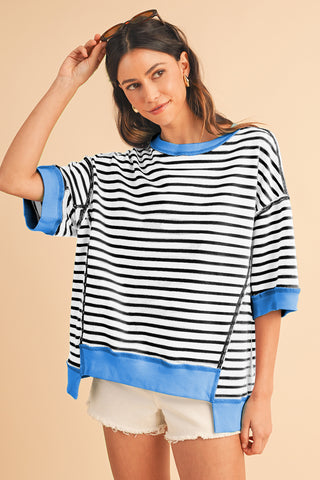 Black Stripe Contrast Trim Drop Sleeve Loose Top - Alleure