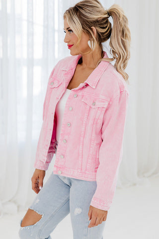 Pink Denim Jacket with Light Acid Wash