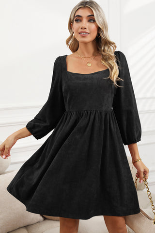 Black Washed Square Neck High Waist Flared Short Dress - Alleure