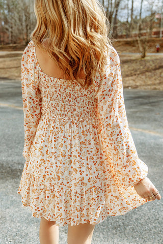 Apricot Boho Floral Smocked Puff Sleeve Short Dress - Alleure