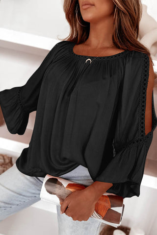 Lace Trimmed Blouse Cut-Out Sleeves - 2 Colors