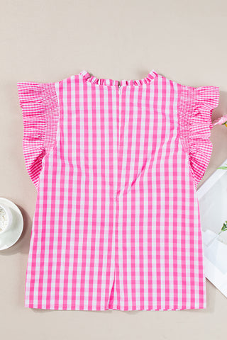 Checkered Blouse with Ruffle Trim Sleeves