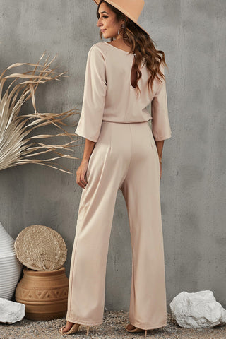 Beige Jumpsuit Boat Neckline Wide Legs Tie Sash