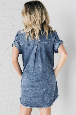 Wholesale Blue Mineral Wash Cuffed Sleeve Frayed Hem Denim Dress - Alleure