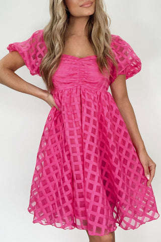 Strawberry Pink Checkered Puff Sleeve Babydoll Dress - Alleure