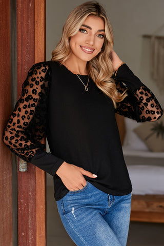 Black Knit with Sheer Leopard Print Long Sleeves