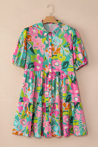 Floral Short Dress with Puff Sleeves & Button Front