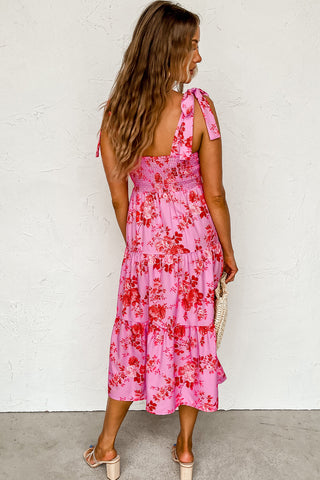 Pink Tie Shoulder Straps Tiered Floral Dress - Alleure