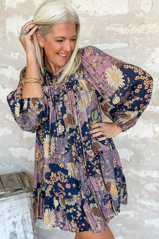 Purple Boho Floral Print Puff Sleeve Flowy Mini Dress - Alleure