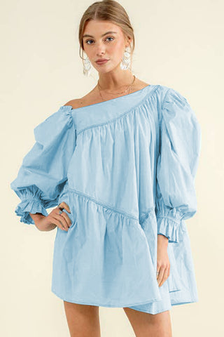 Wholesale Sky Blue Puff Sleeve Asymmetric Pleated Flowy Mini Dress - Alleure