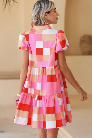 Wholesale Pink Colorblock Plaid Puff Sleeve Tiered Mini Dress - Alleure