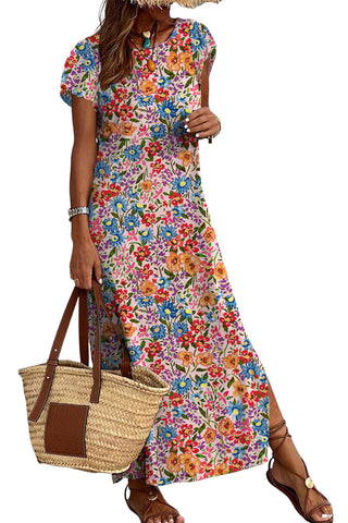 Multicolor Floral Print Ruffle Sleeves Open Back Maxi Dress - Alleure