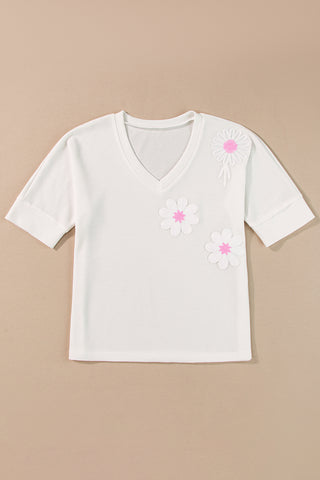 White Flower Applique Waffle Knit V Neck Top