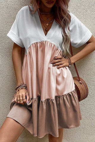 Light Beige Tiered Colorblock V Neck Loose Short Dress - Alleure