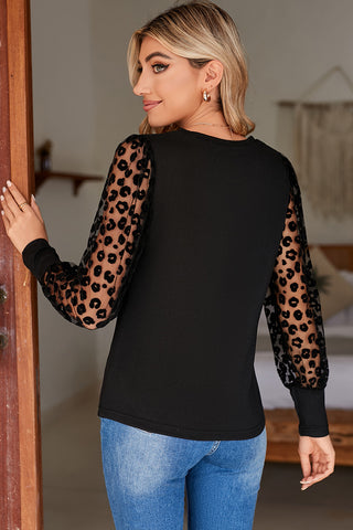 Black Knit with Sheer Leopard Print Long Sleeves