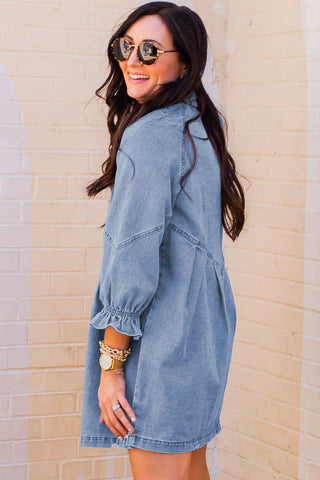 Light Blue Casual Buttoned Ruffle Denim Short Dress - Alleure