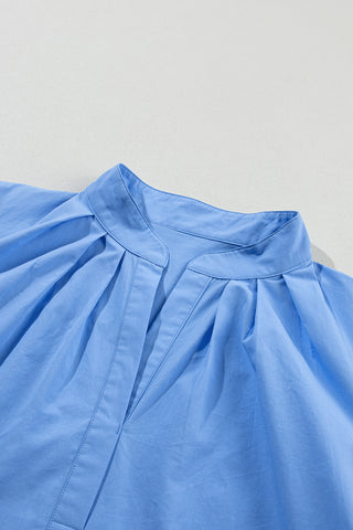 Blue Blouse with Pleats & Puff Sleeves