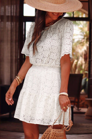 White Scalloped Floral Lace Crochet Short Sleeve Mini Dress - Alleure