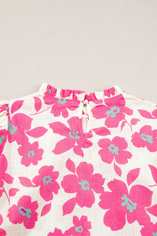 Floral Blouse with Puff Sleeves Frill Neckline