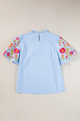 Light Blue Gingham Blouse with Embroidered Flowers on Puff Sleeves