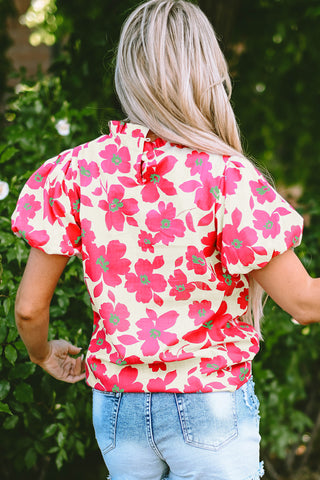 Floral Blouse with Puff Sleeves Frill Neckline