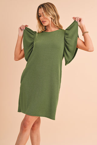 Grass Green Ribbed Ruffle Sleeve Mini Dress - Alleure