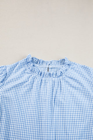 Light Blue Gingham Blouse with Embroidered Flowers on Puff Sleeves