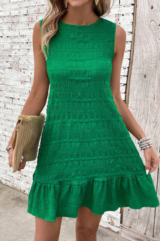 Green Textured Short Dress with Tie Back