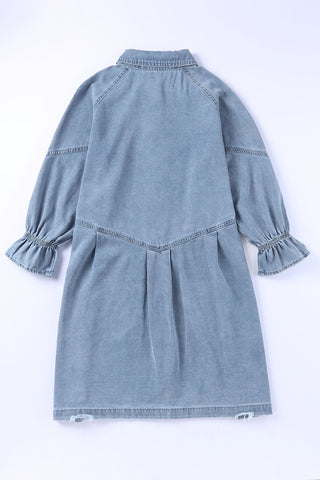 Light Blue Casual Buttoned Ruffle Denim Short Dress - Alleure