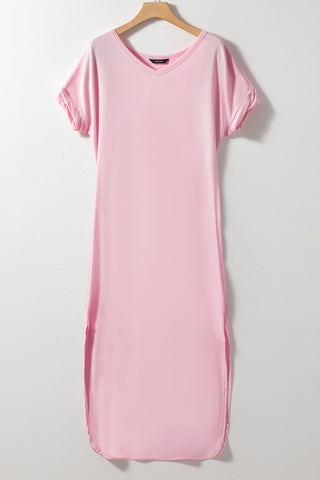 Pink Solid Color Hidden Pocket V Neck Slit Maxi Dress - Alleure