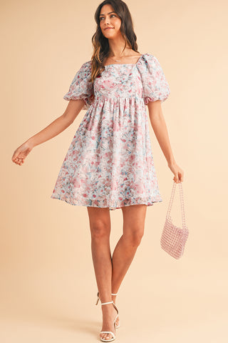 Pink Floral Lantern Sleeve Square Neck Ruffled Mini Dress - Alleure