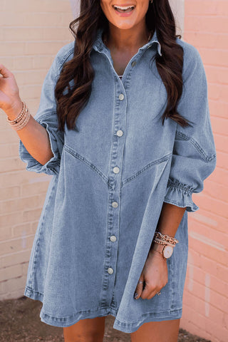 Light Blue Casual Buttoned Ruffle Denim Short Dress - Alleure