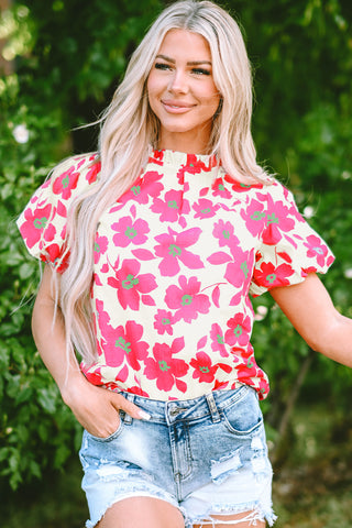 Floral Blouse with Puff Sleeves Frill Neckline