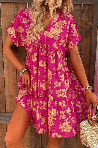 Rose Floral Short Sleeve Surplice Neck Ruffled Mini Dress - Alleure