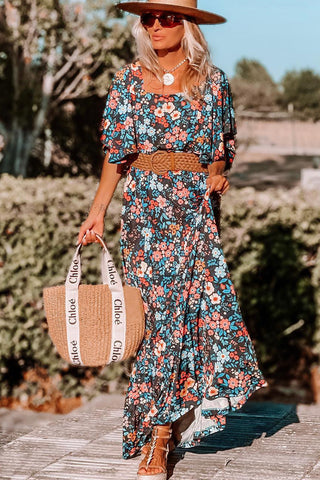 Sky Blue Boho Floral Print Knotted Backless Maxi Dress - Alleure