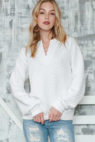 Quilted V Neck Long Sleeve Top - 3 Colors