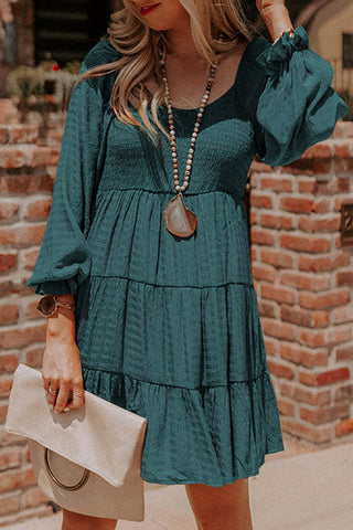 Mist Green Long Sleeve Smocked Tiered Boho Dress - Alleure