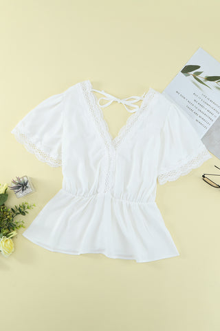 White Short Sleeve Blouse Lace Features