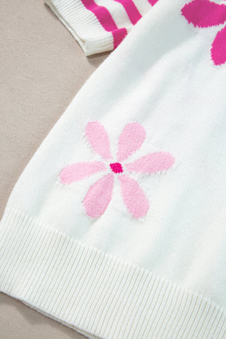 White Knit with Flowers and Pink Striped Sleeves