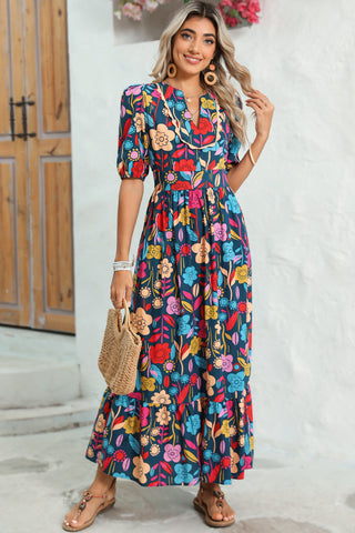 Wholesale Green Floral Print Split V Neck Puff Sleeve Maxi Dress - Alleure