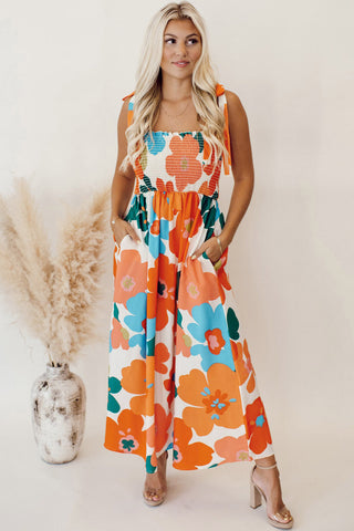 Orange 60s Floral Printed Shoulder Tie Smocked Maxi Dress - Alleure