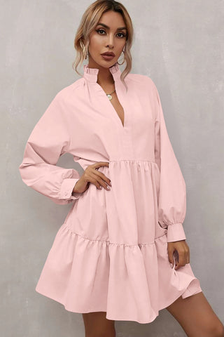 Pink Casual Stand V Neck Short Frill Dress - Alleure