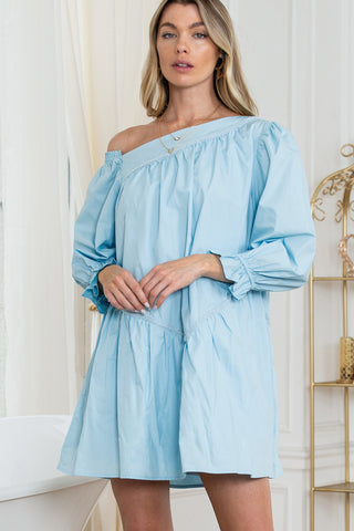 Wholesale Sky Blue Puff Sleeve Asymmetric Pleated Flowy Mini Dress - Alleure