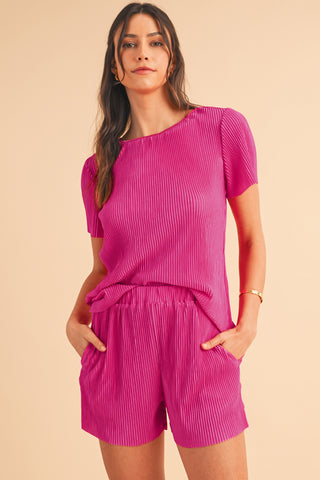 Bright Pink Ribbed T Shorts Set