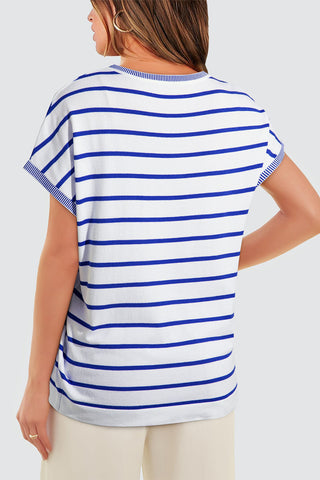 Blue Stripe Knit Dolman Sleeves with Trim