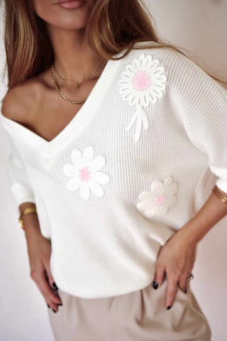 White Flower Applique Waffle Knit V Neck Top