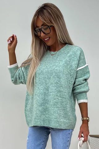 Mint Crew Neck Knit Sweater White Trim