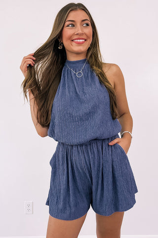 Blue Crinkle Textured Romper Halter Neck