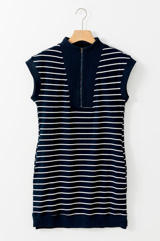 Navy Blue Striped Quarter Zip Collar Cap Sleeve Mini Dress - Alleure