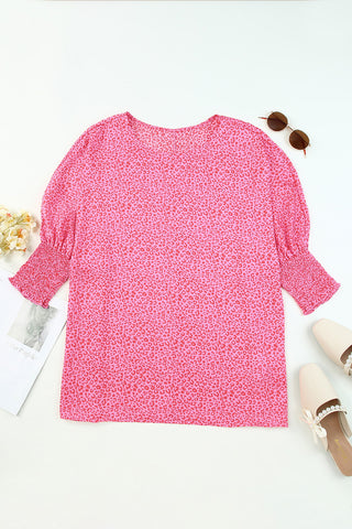 Pink Leopard Print Oversize Blouse Puff Sleeves Shirred Cuffs